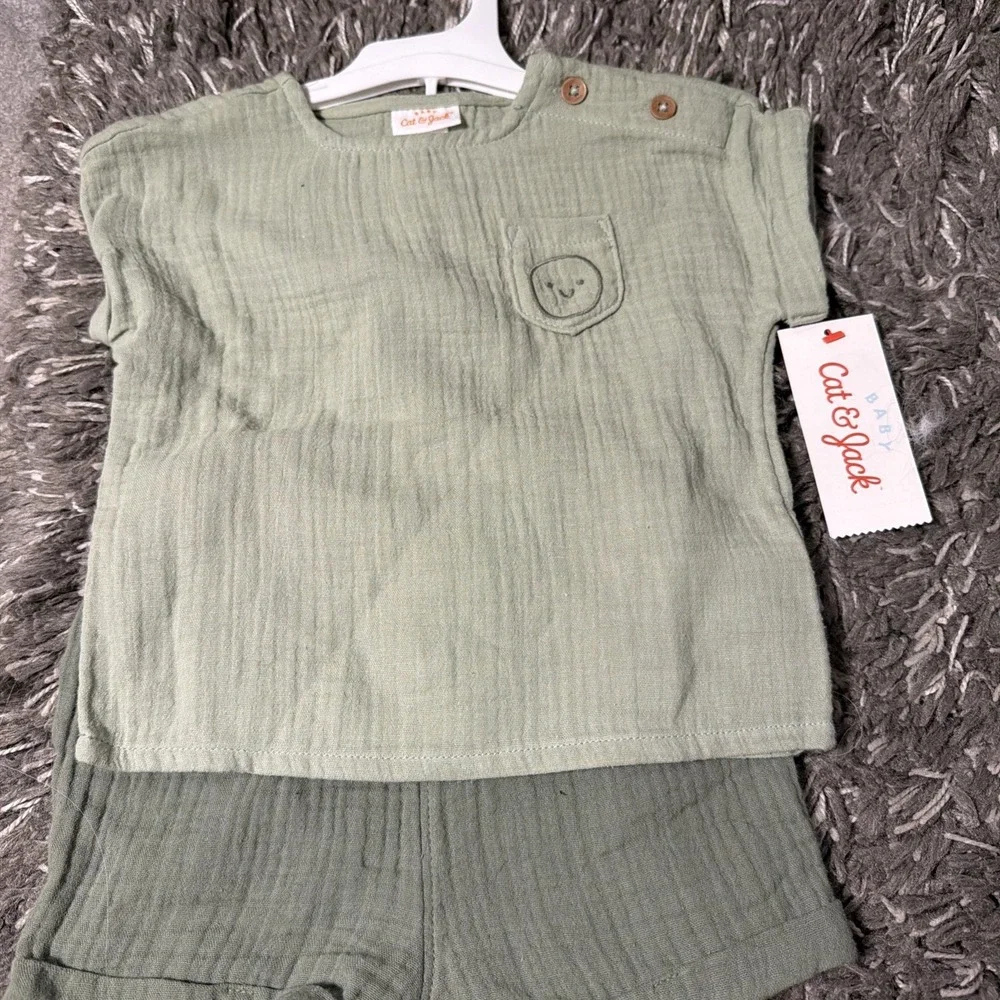 Cat & Jack Unisex 2pc Muslin Cotton Short Sleeve Top & Shorts Set Blue 6-9M Smil